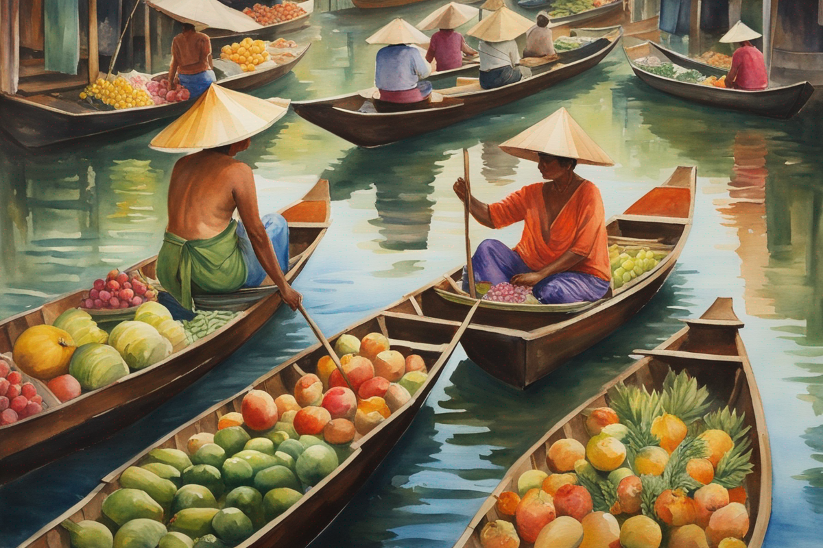 Watercolor painting of Thai floating market with colorful boats and fresh produce