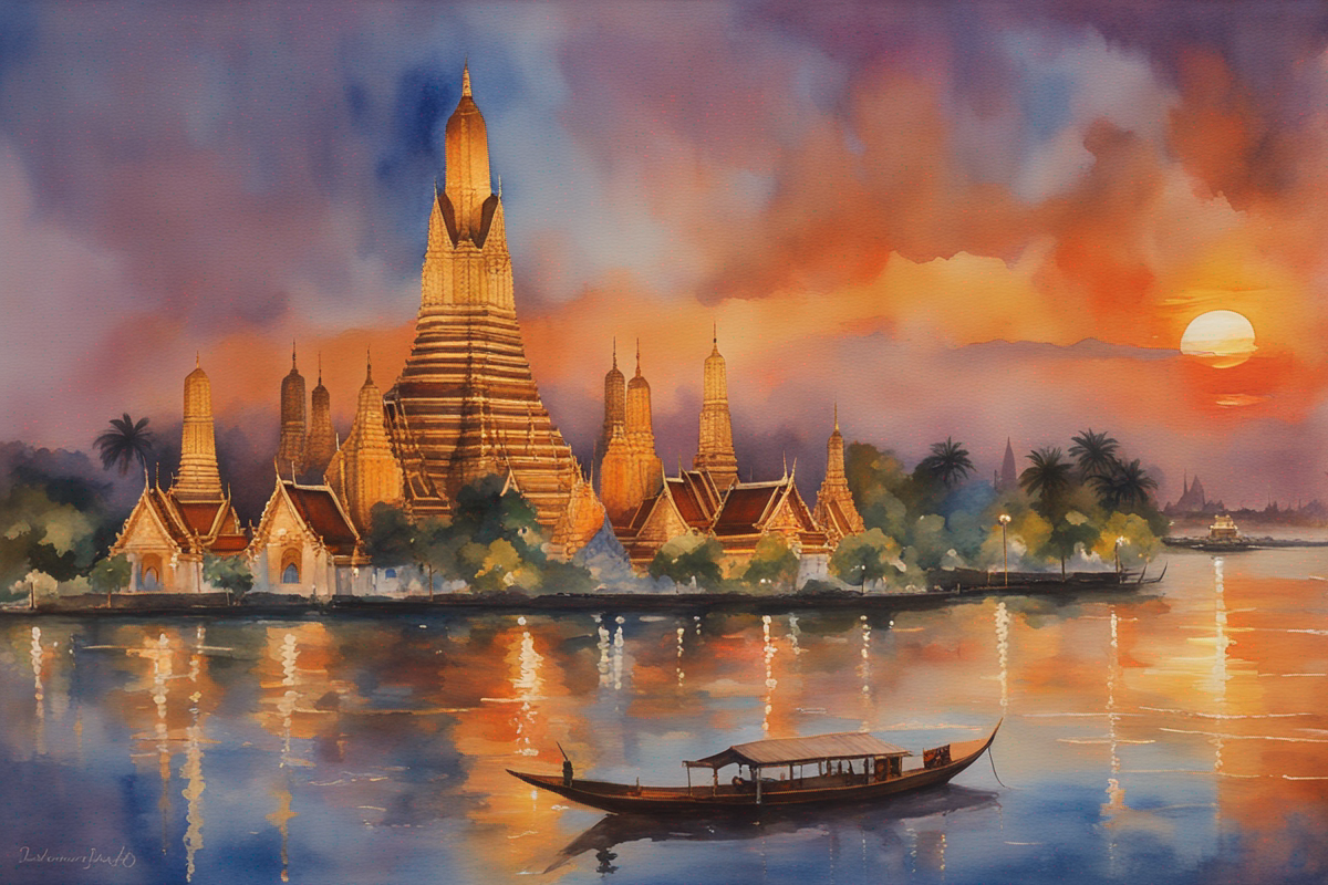 Watercolor painting of Wat Arun temple at sunset with colorful spires reflecting in the river
