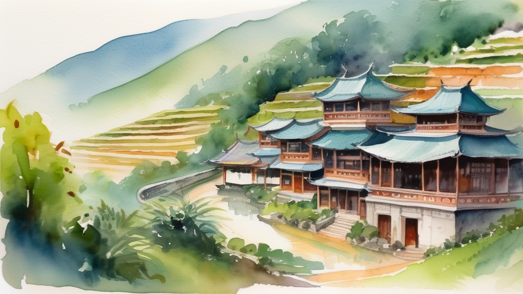 Watercolor illustration of Asian temples and markets