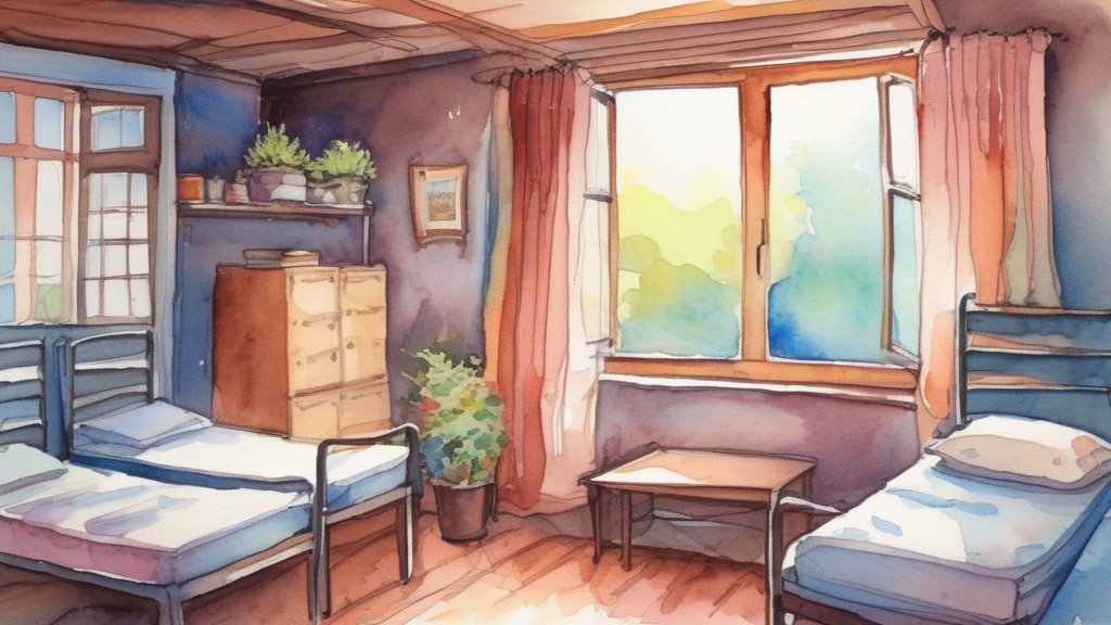 Watercolor illustration of hostel dormitory and budget lodging