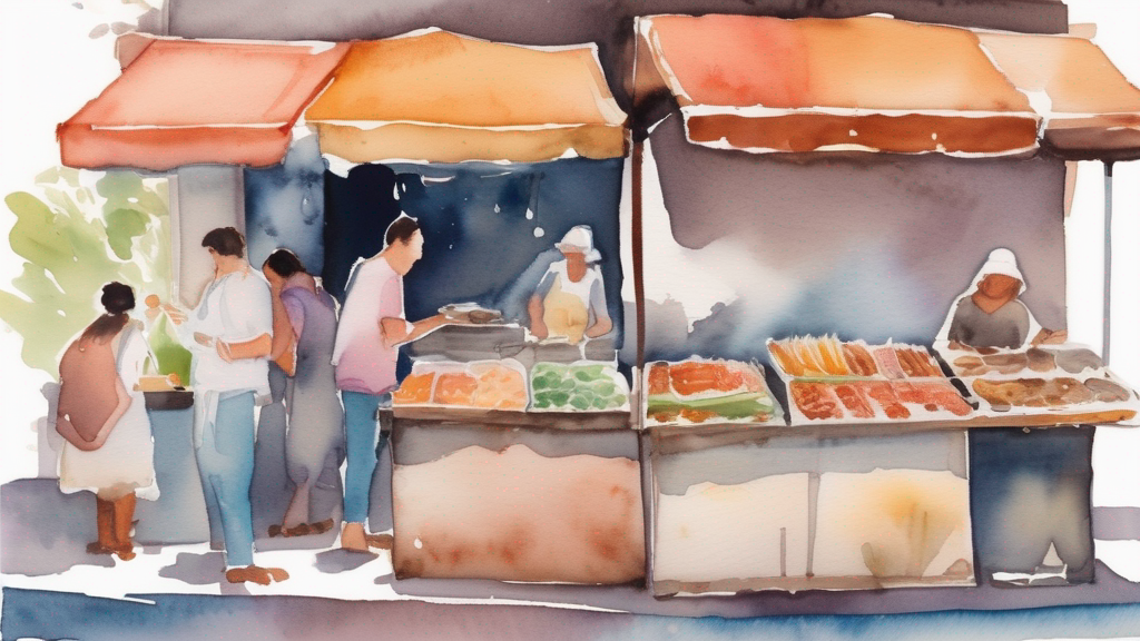 Watercolor illustration of street food vendors and local markets