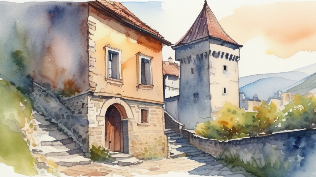 Watercolor illustration of European hidden gems and mountain villages
