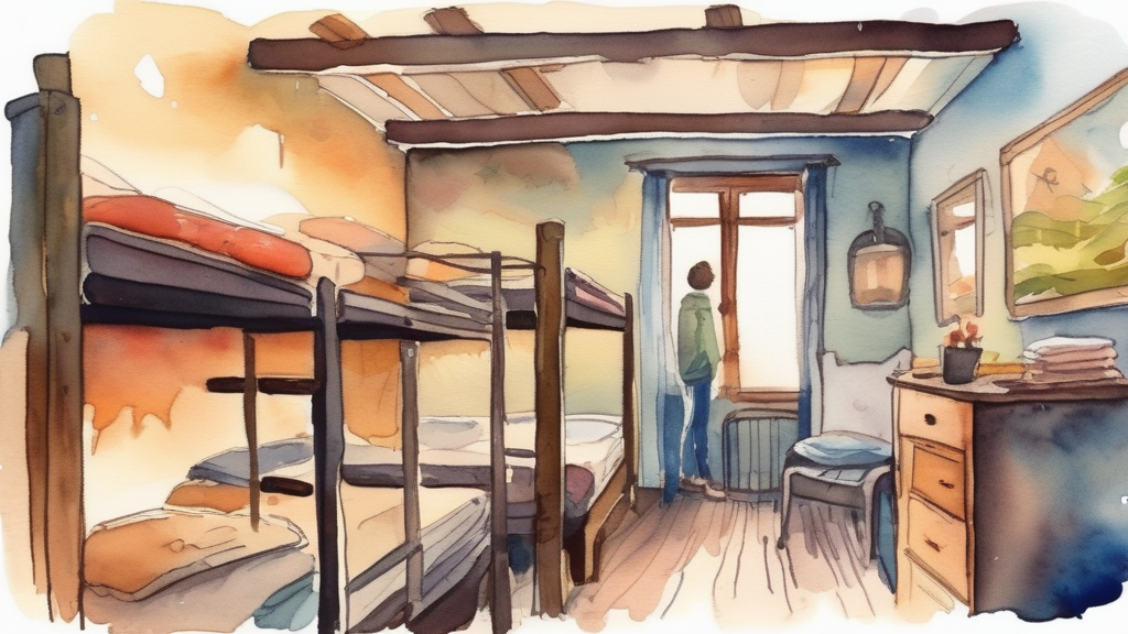 Watercolor illustration of cozy hostel room