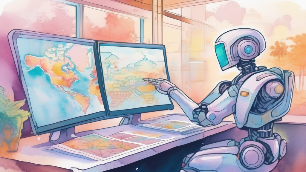 Watercolor illustration of AI robot helping with travel planning