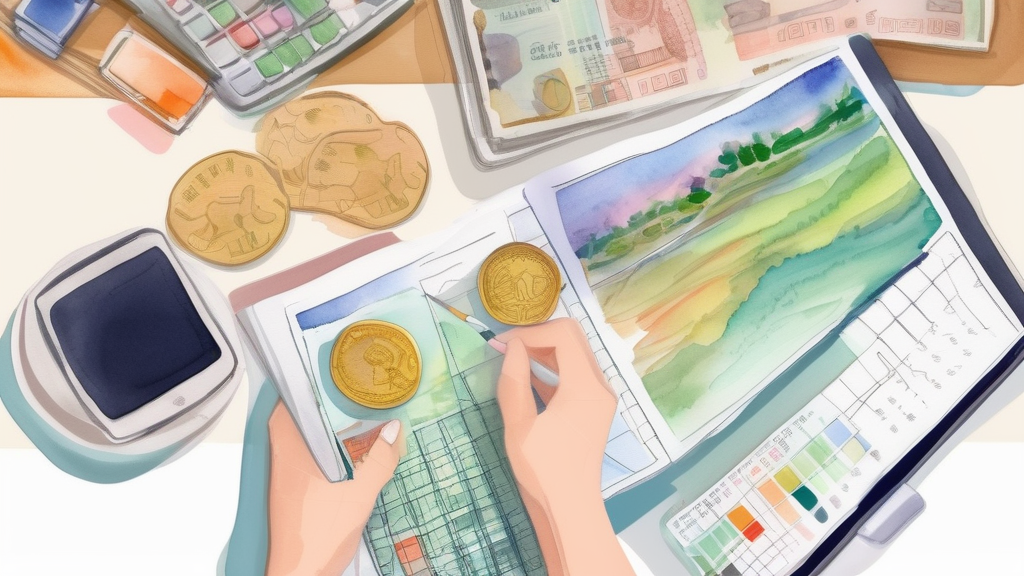 Watercolor illustration of travel budget spreadsheet on tablet