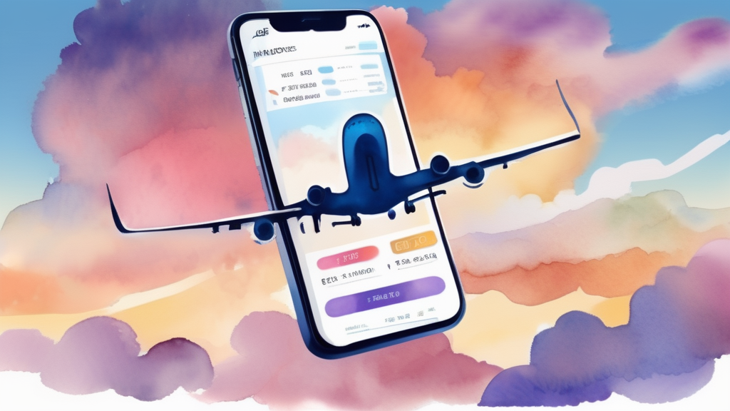 Watercolor illustration of smartphone with flight booking app