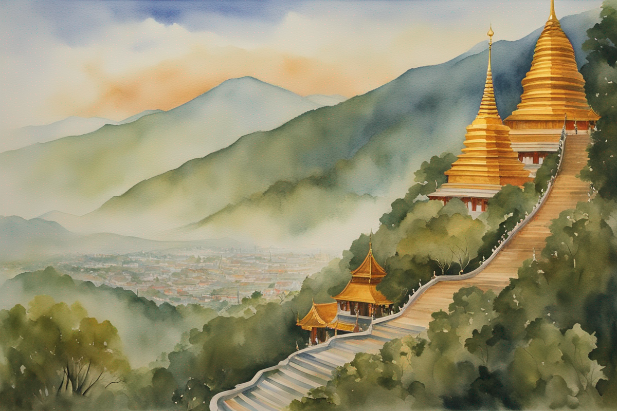 Watercolor painting of Doi Suthep temple with golden chedi in mountain setting