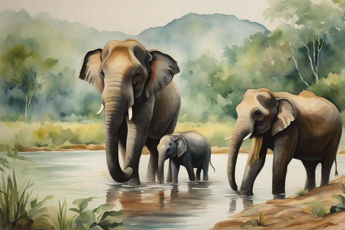 Watercolor painting of elephants in natural sanctuary near Chiang Mai