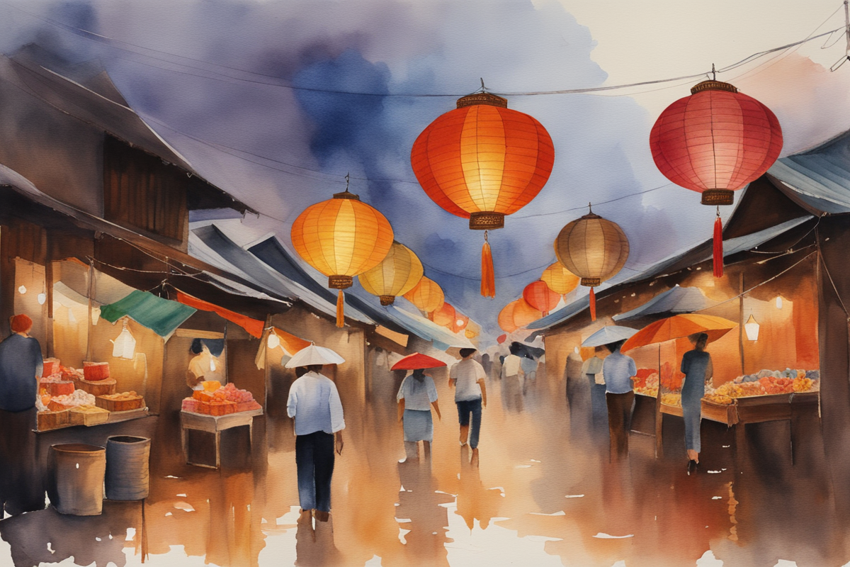 Watercolor painting of Chiang Mai night market with colorful lanterns and handicrafts