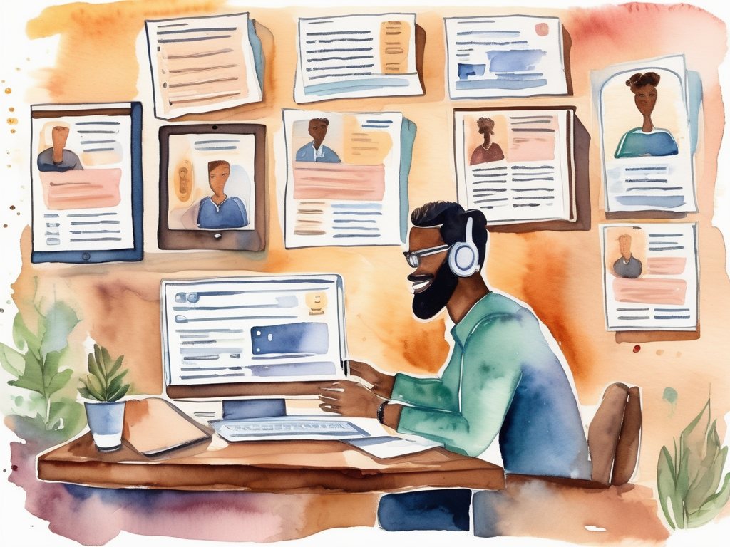 Remote worker on video interview with job boards on screen