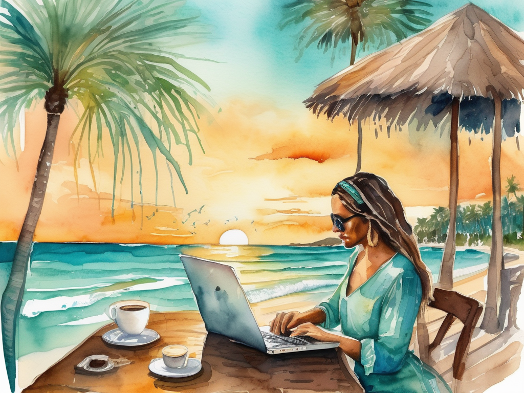 Digital nomad working on laptop with beautiful ocean view