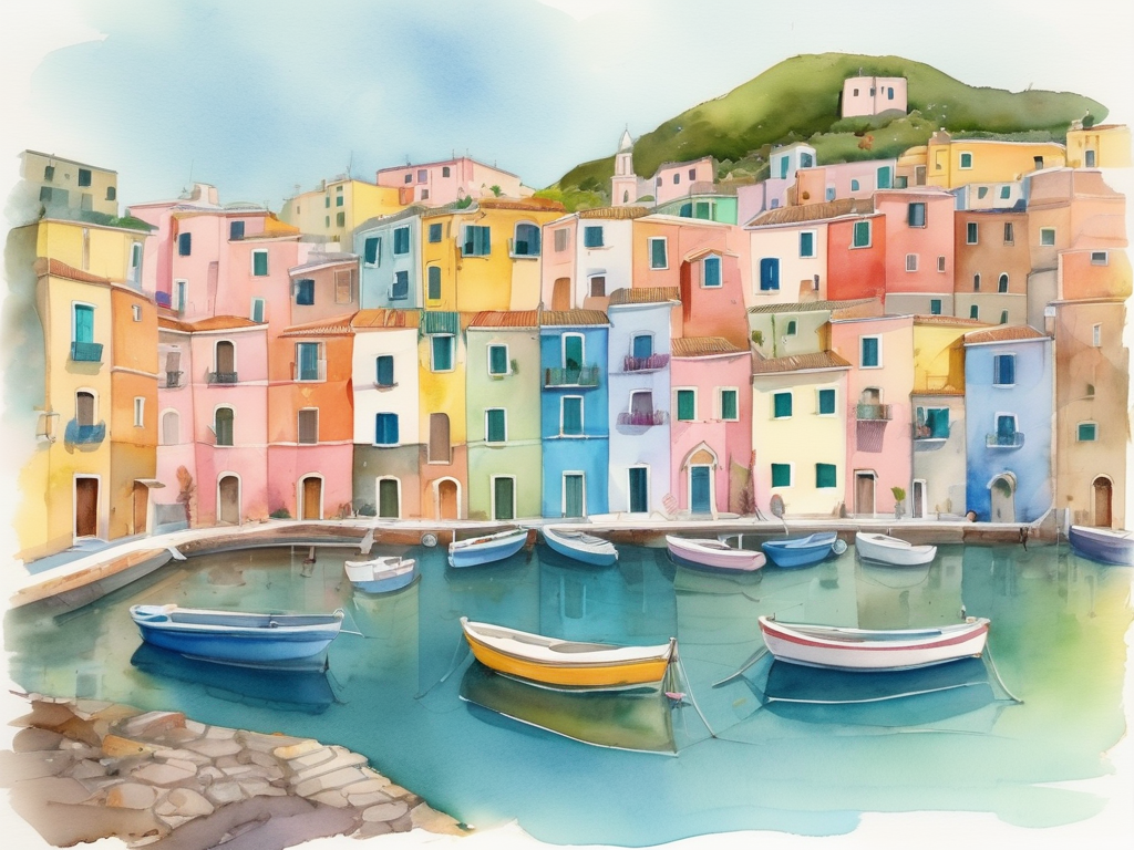 Colorful houses around Marina Corricella harbor in Procida