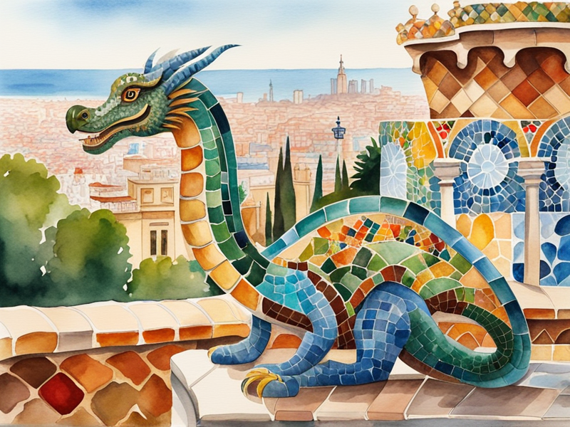 Park Güell mosaic dragon and Barcelona city views from Gaudí's colorful park