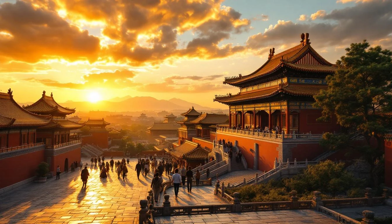 Beijing Forbidden City at sunrise with traditional golden roofs and red walls