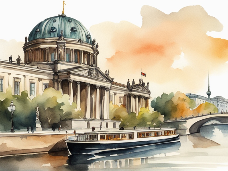 Museum Island panorama in Berlin showing neoclassical buildings along the Spree River