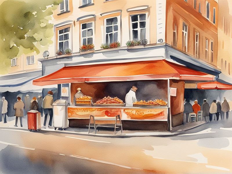 Berlin currywurst street food stand with traditional curry sausage and fries