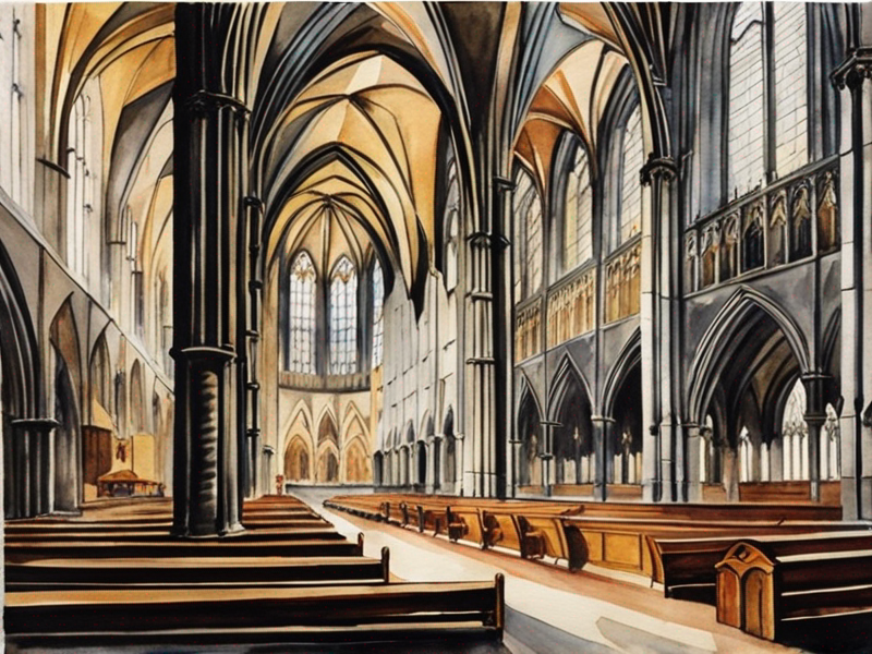 Gothic interior of Cologne Cathedral with soaring arches and stained glass windows