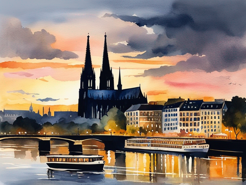 Rhine River cruise view in Cologne with boats and riverside buildings at sunset