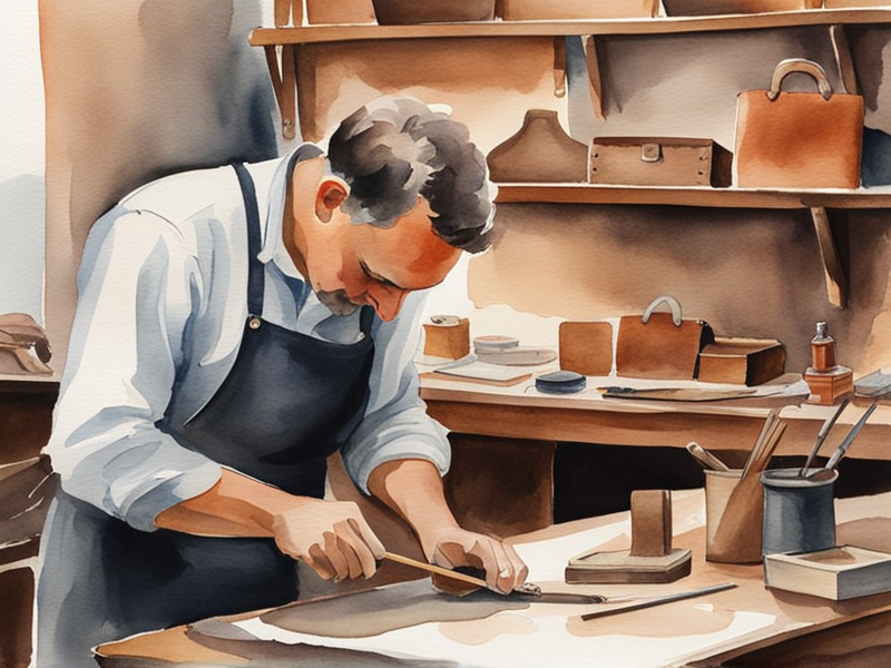 Traditional leather artisan workshop in Florence with craftsman at work