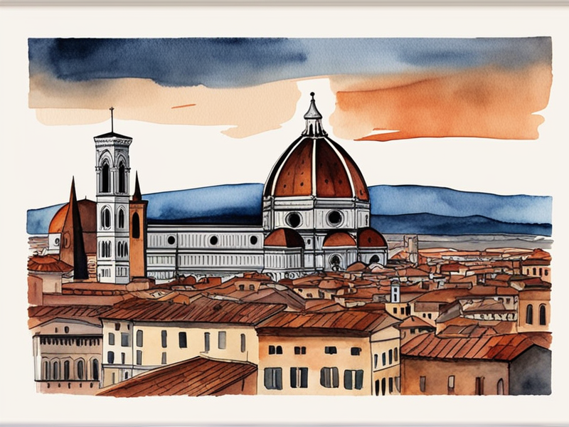 Florence Cathedral dome at sunset with terracotta rooftops and Renaissance architecture