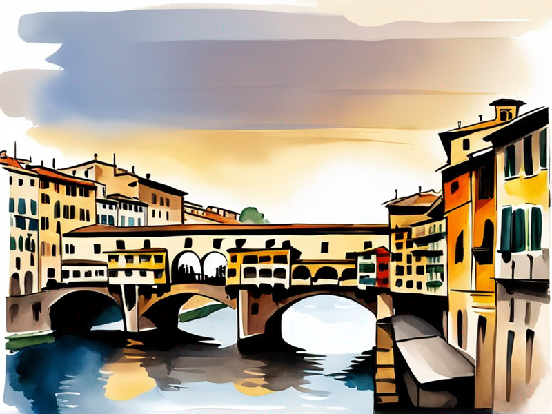 Ponte Vecchio bridge in Florence with traditional jewelry shops and Arno River reflections