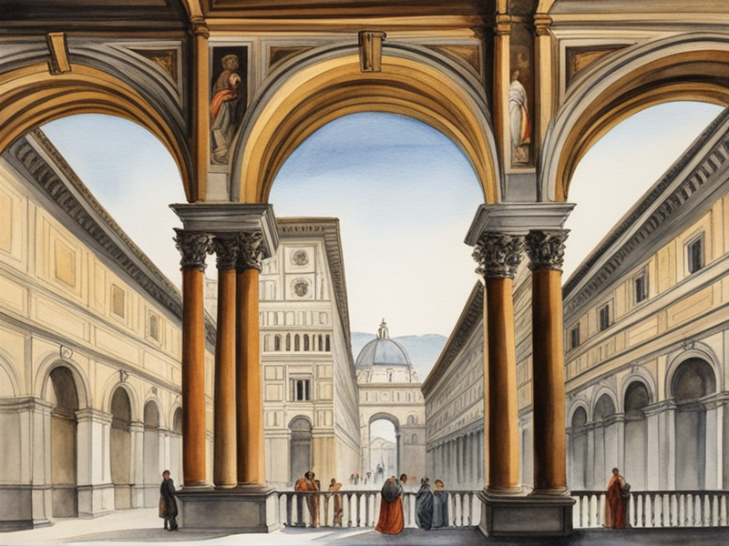 Uffizi Gallery corridor in Florence with Renaissance paintings and ornate ceiling