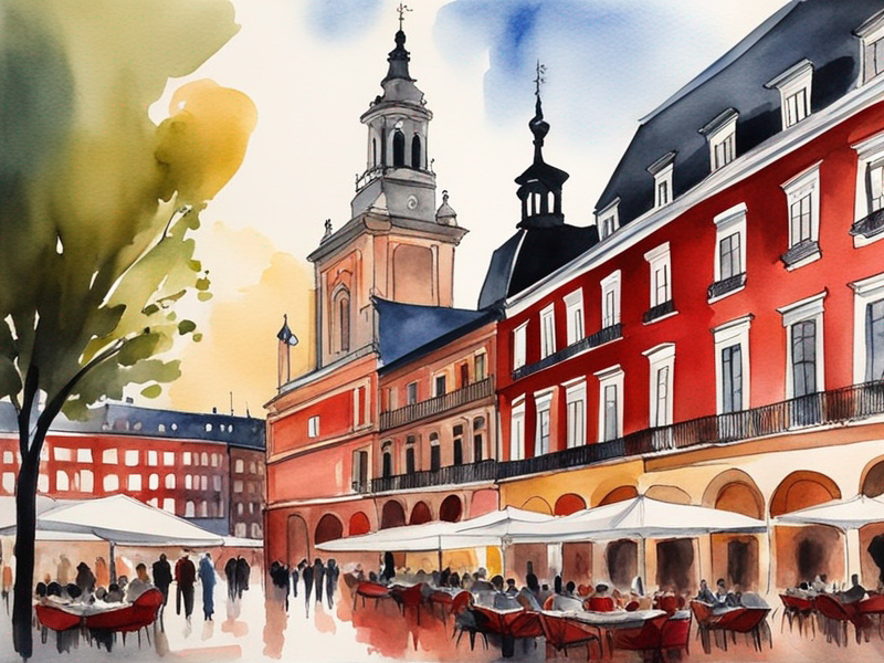 Plaza Mayor in Madrid with red buildings and outdoor cafes in evening light
