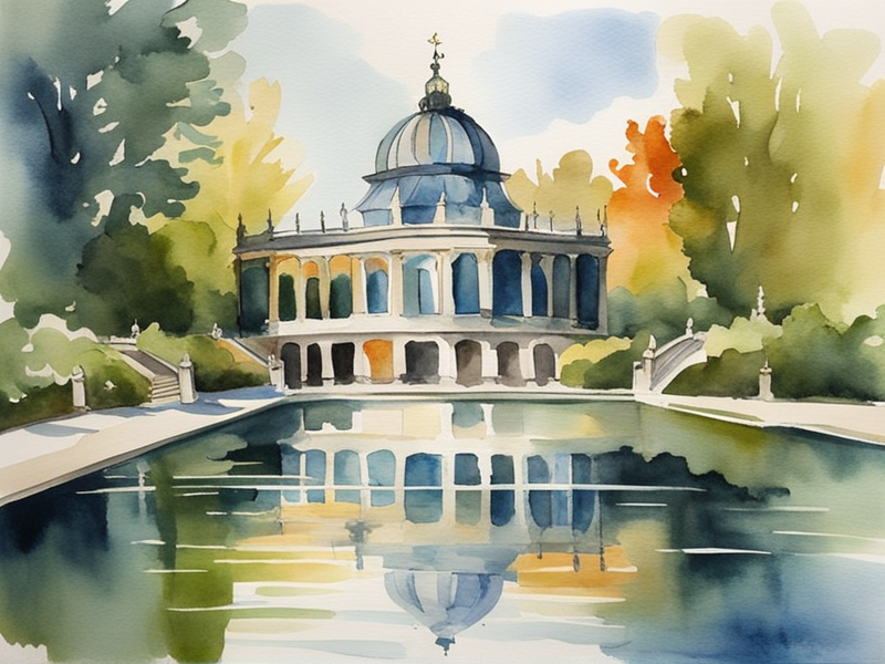 Crystal Palace in Retiro Park Madrid with lake reflections and peaceful gardens