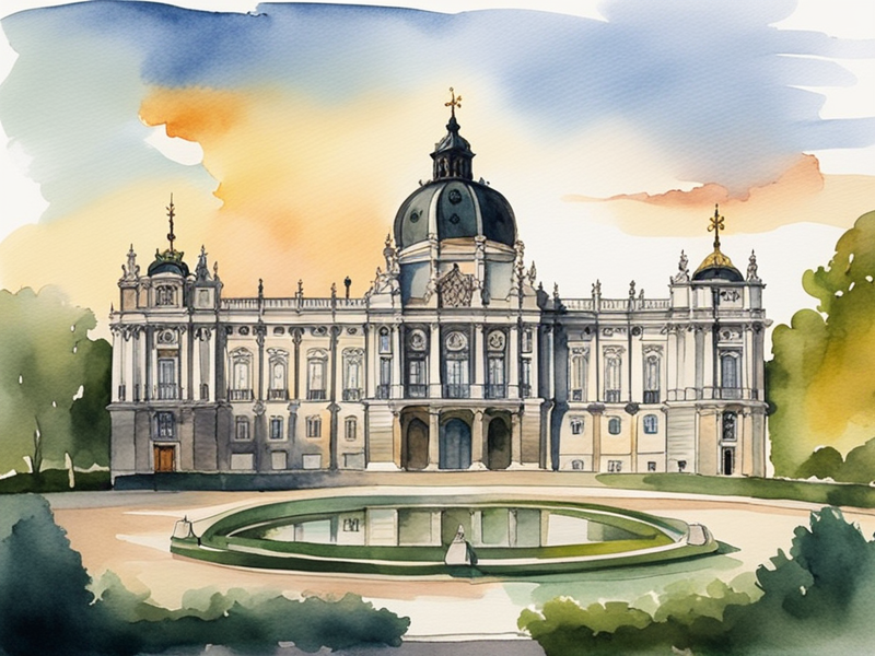 Royal Palace of Madrid at sunset with ornate baroque architecture and gardens