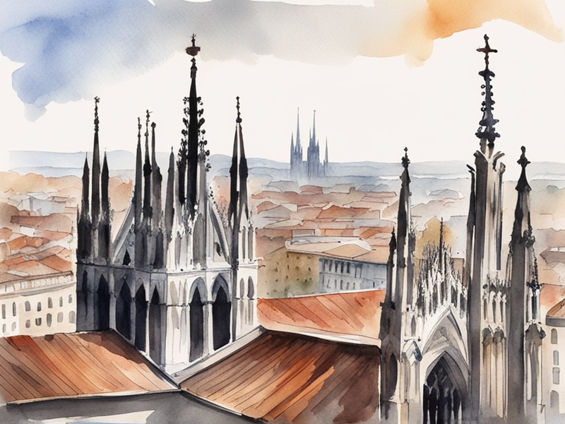 Milan Cathedral rooftop with Gothic spires and city panorama views