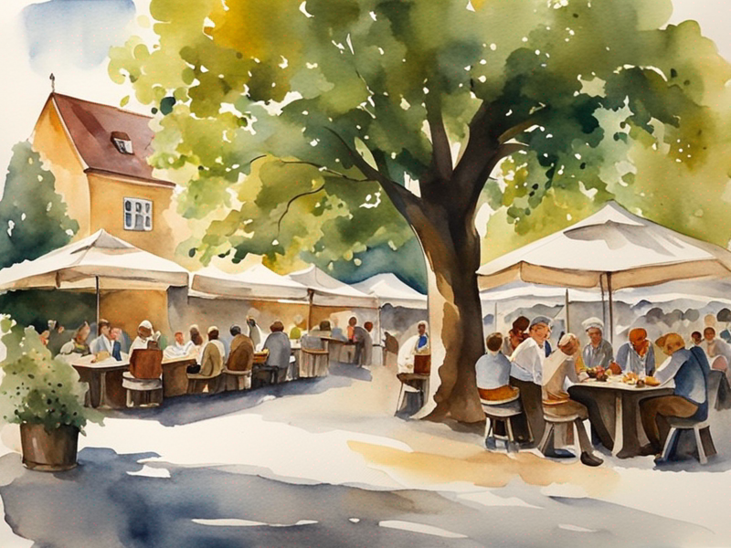Traditional Munich beer garden with chestnut trees and beer steins in Bavarian atmosphere