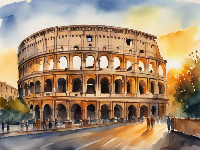 Rome Colosseum at sunrise with ancient stone arches and warm golden light