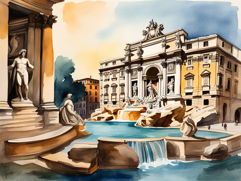 Trevi Fountain in Rome at evening with baroque sculptures and coin-throwing tradition