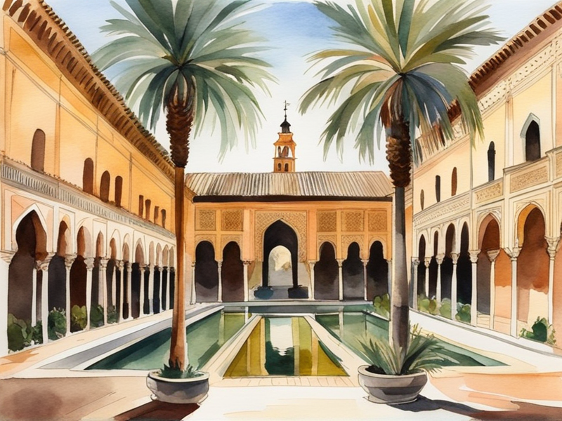 Royal Alcázar gardens in Seville with Moorish architecture and palm trees