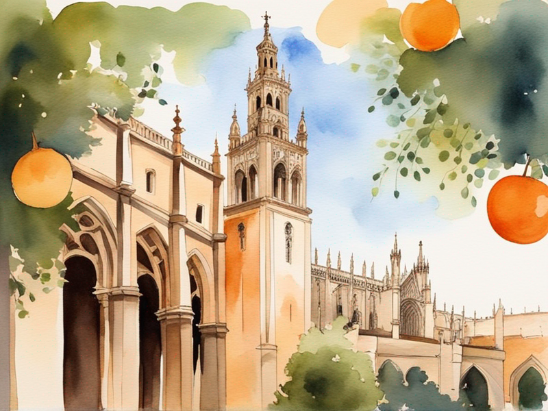 Seville Cathedral and Giralda Tower with Gothic architecture and orange trees