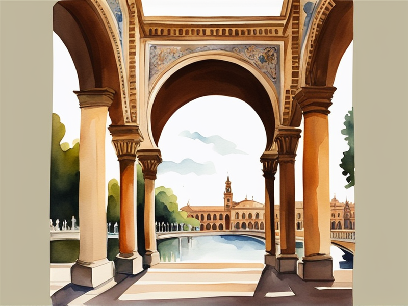 Plaza de España in Seville with bridge arches and rowing boats on canal