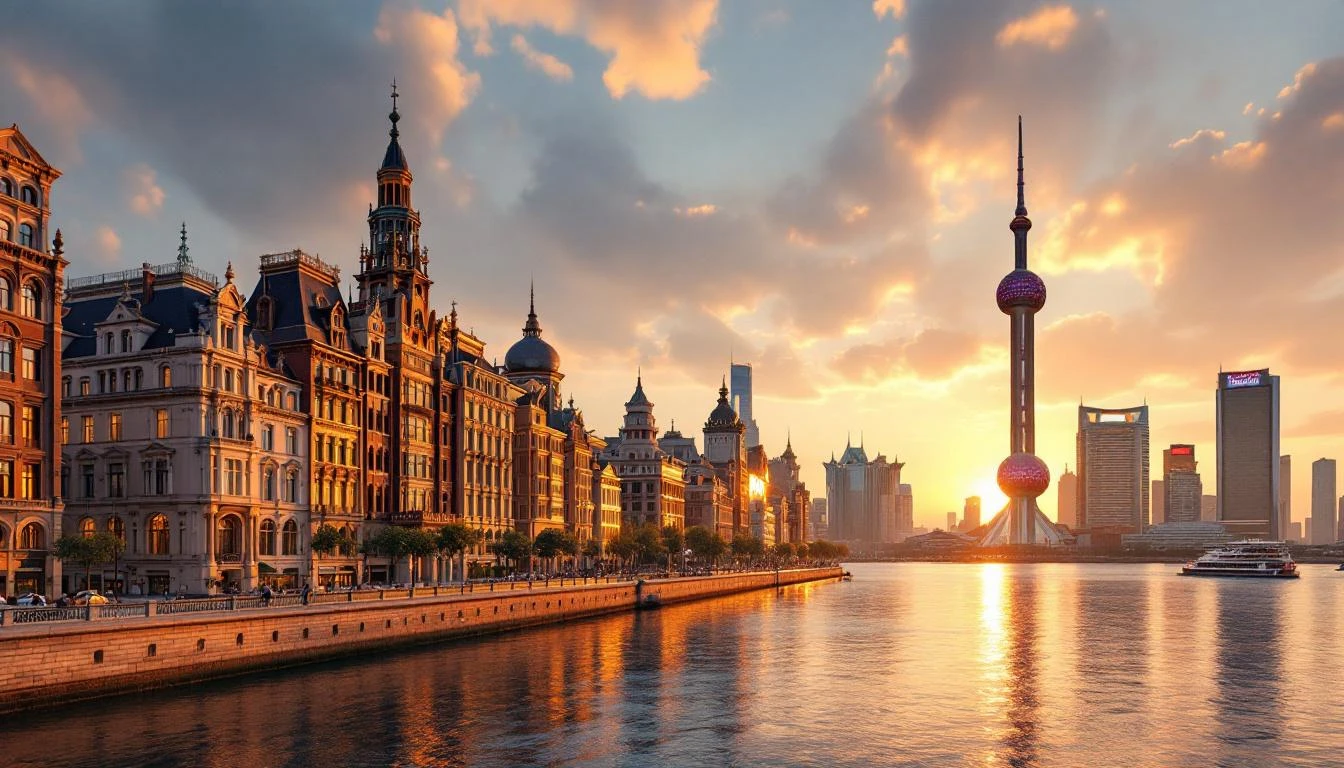 Shanghai Bund waterfront with historic buildings and Pudong skyline