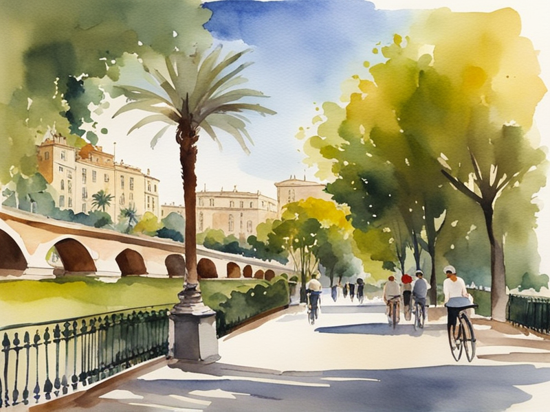 Turia Gardens in Valencia with cyclists on paths through green parkland