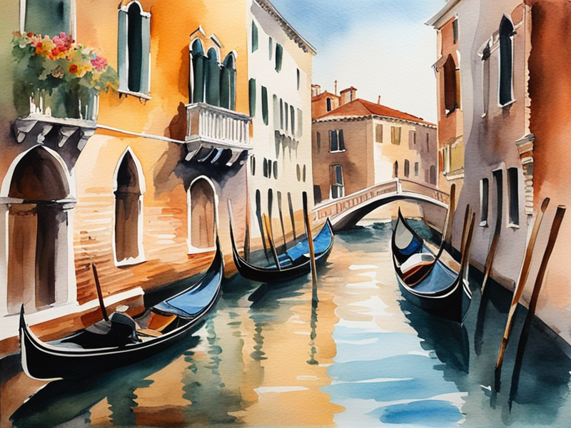 Grand Canal at sunset with gondolas and Renaissance palazzos reflecting in golden water