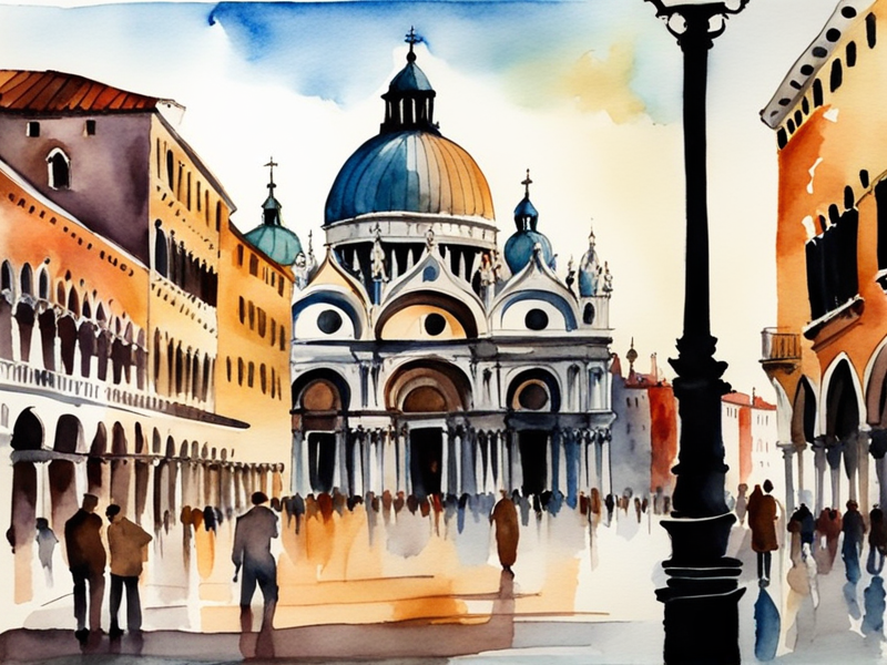 St. Mark's Square in Venice with basilica, campanile tower and tourists feeding pigeons