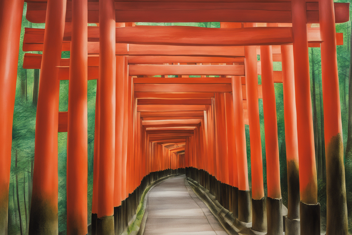 Watercolor painting of thousands of red torii gates at Fushimi Inari