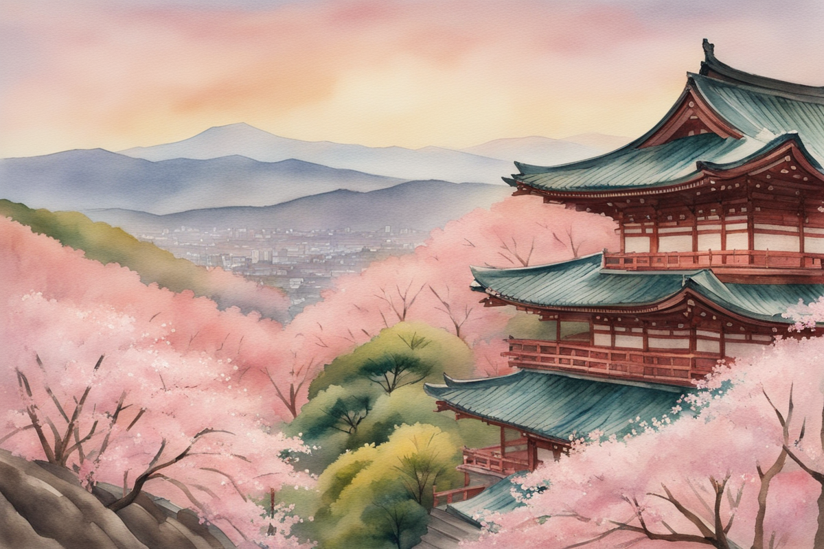 Watercolor painting of Kiyomizu-dera Temple with cherry blossoms