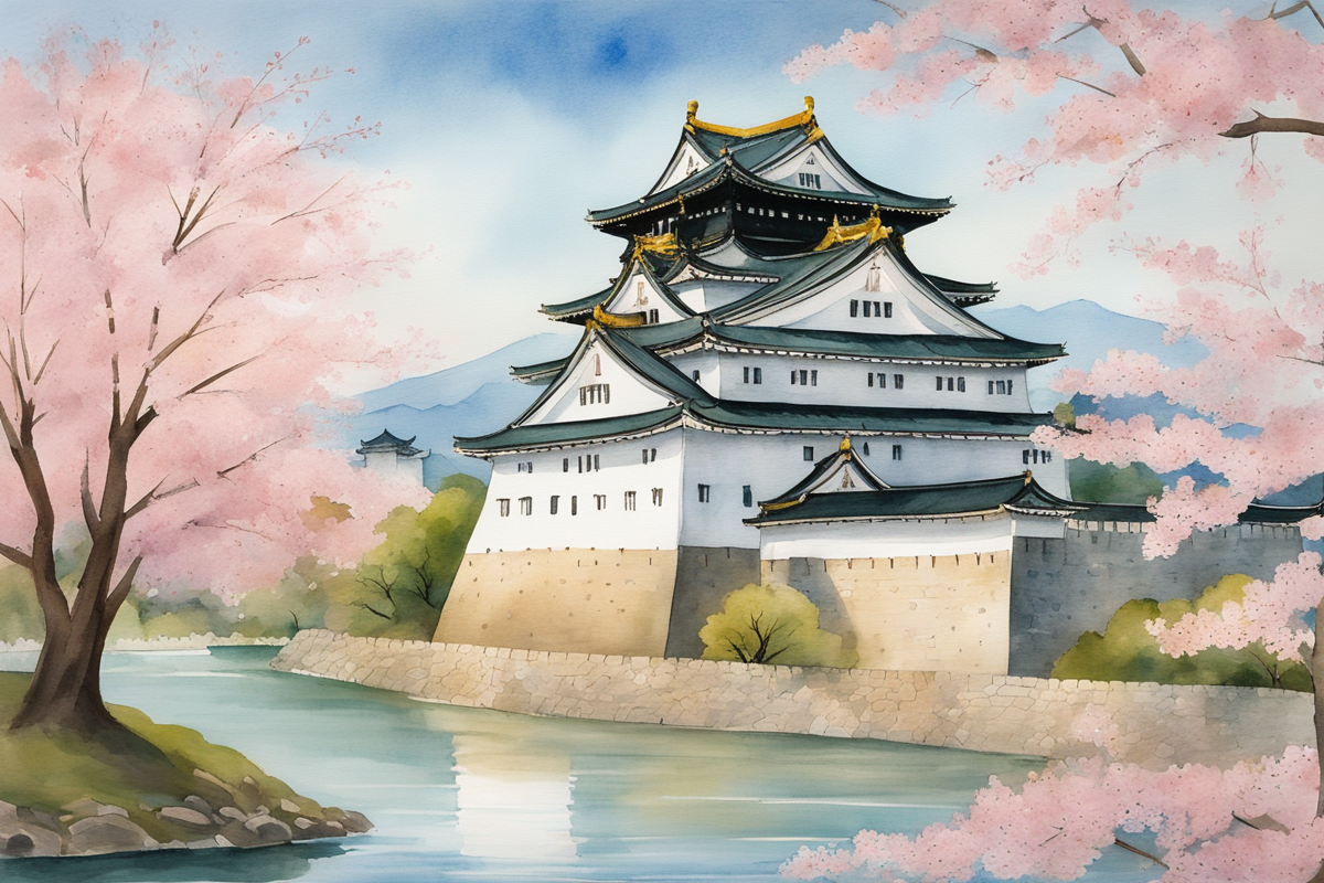 Watercolor painting of Osaka Castle surrounded by cherry blossoms