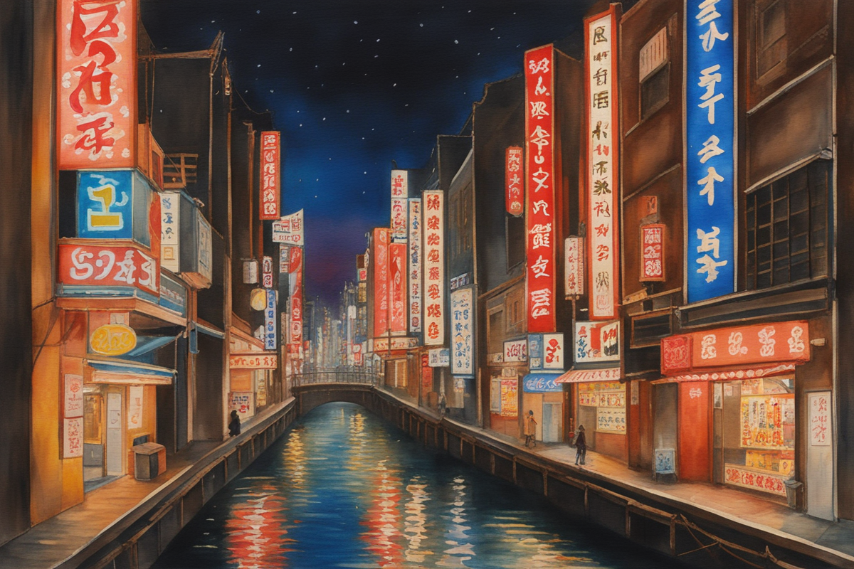 Watercolor painting of Dotonbori at night with colorful neon signs reflecting in the canal