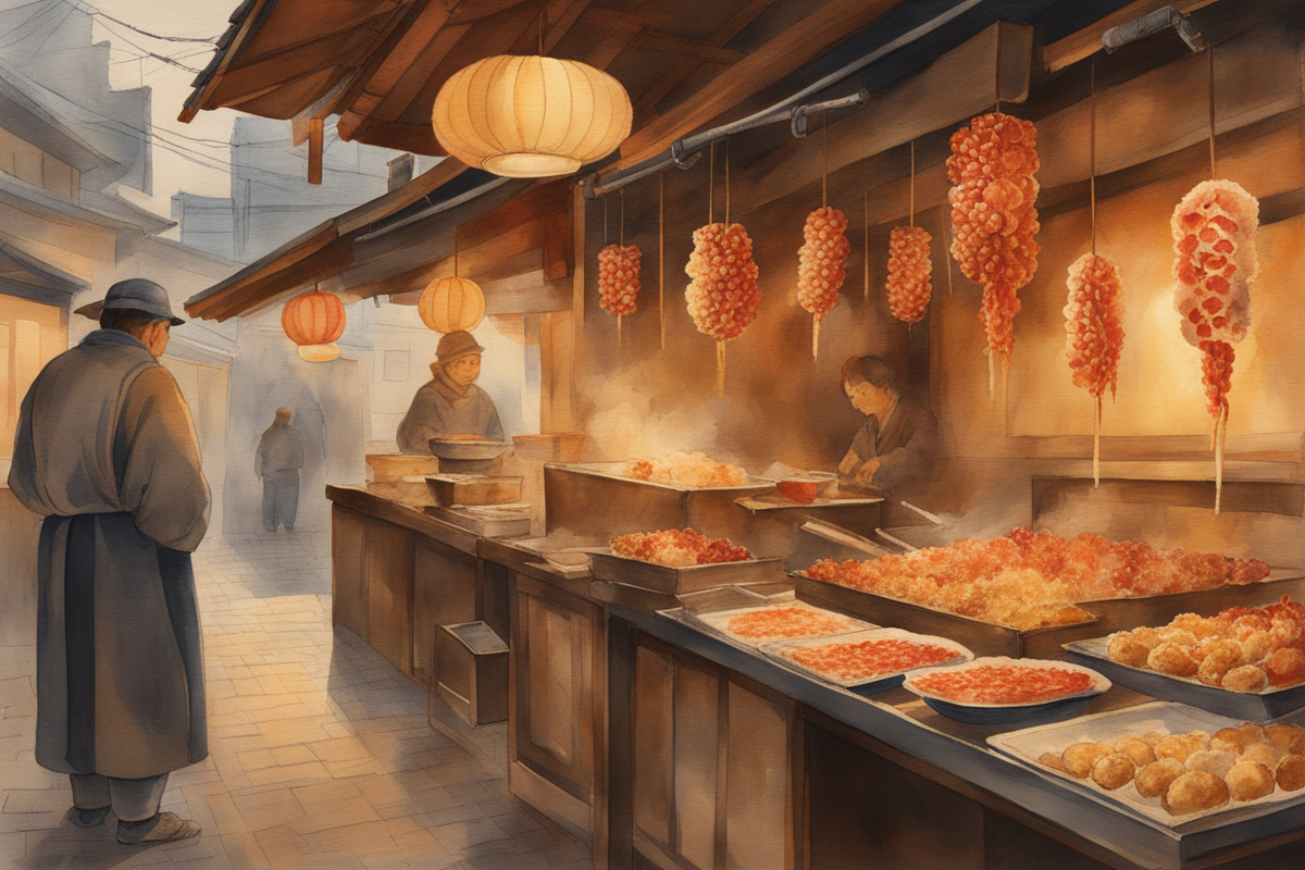 Watercolor painting of Osaka street food including takoyaki and okonomiyaki