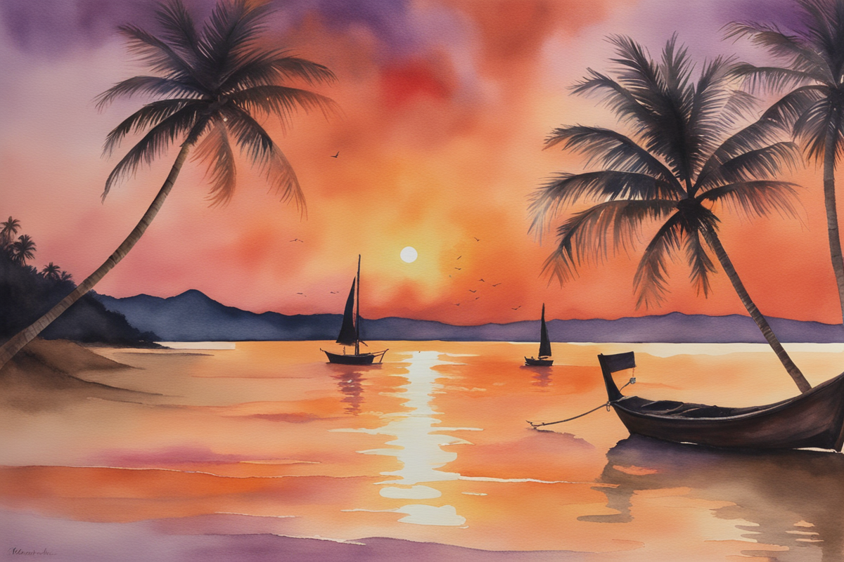 Watercolor painting of tropical sunset at Phuket beach with longtail boats