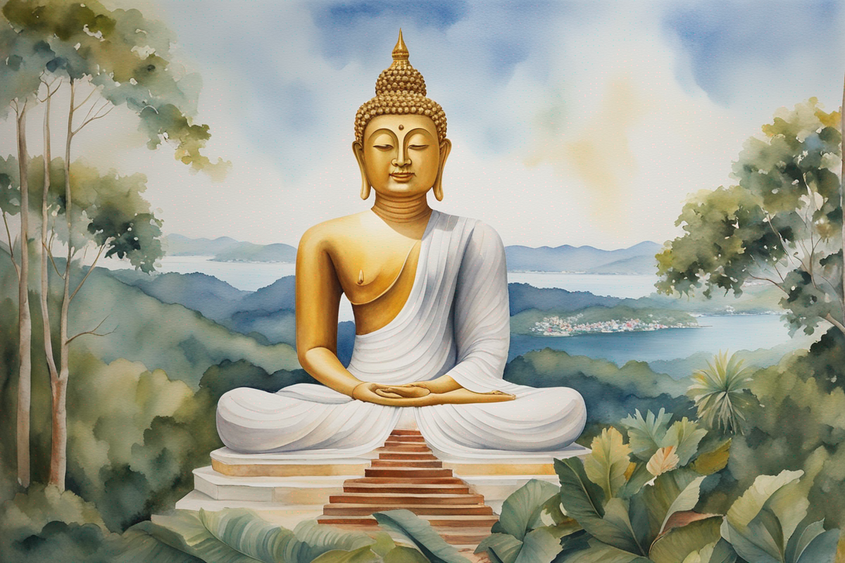 Watercolor painting of Phuket's Big Buddha statue with panoramic island views