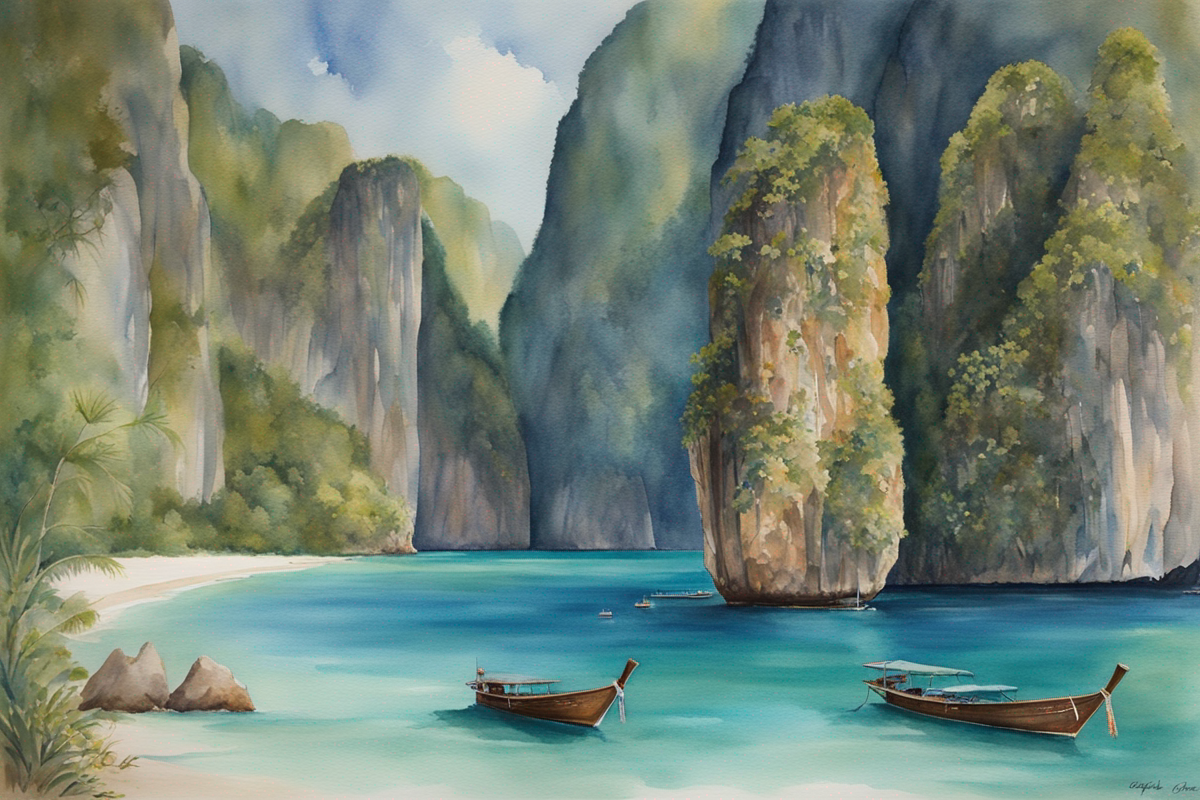 Watercolor painting of Phi Phi Islands with limestone cliffs and turquoise waters