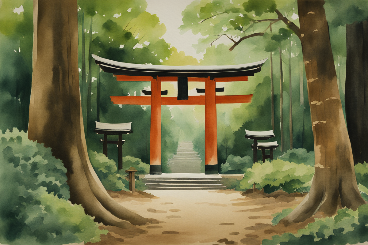 Watercolor painting of Meiji Shrine torii gate surrounded by peaceful forest