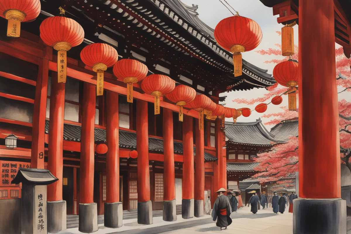 Watercolor painting of Senso-ji Temple with traditional red architecture and paper lanterns